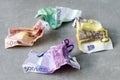 Pile of crumpled euro banknotes. Money value, international, strong currency, inflation, waste