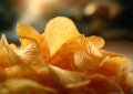 Pile of crunchy potato crisps chips on table.Macro.AI Generative Royalty Free Stock Photo