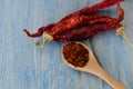 Pile crushed red pepper, flakes and seeds on the wooden table Royalty Free Stock Photo