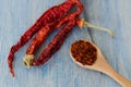 Pile crushed red pepper, flakes and seeds on the wooden table Royalty Free Stock Photo