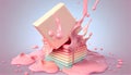 Pile cube wafer biscuit strawberry milk cream splash include Clipping path 3d illustration waffle stuffing piece covering crunchy Royalty Free Stock Photo