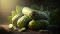 a pile of cucumbers with green leaves on a table next to a cucumber and a few other cucumbers on a table. generative ai