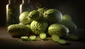 a pile of cucumbers sitting next to a jar of pickles on top of a wooden table with sliced cucumbers around it. generative ai