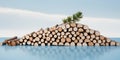 A pile of cut logs on a blue surface A pine tree branch rests atop another pile of logs. Royalty Free Stock Photo