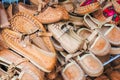 Pile of cute children leather shoes Royalty Free Stock Photo