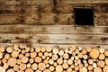 Pile of cutted woods accommodated in front of a hut