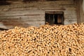 Pile of cutted woods accommodated in front of a hut