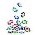 Pile of 3d gambling tokens or heap of falling realistic casino chips, volumetric roulette and blackjack, sport poker money or cash Royalty Free Stock Photo