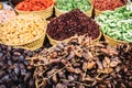 Pile of dates and nuts for sale at a natural food stall Royalty Free Stock Photo