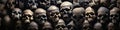 pile of death human skulls and bones of dead in ancient crypt grave burial. Skeletons in a dark scary catacombs dungeon