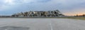 pile of debris of destroyed building. panoramic shot