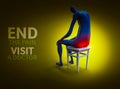 Pile decease. Man painfully sitting on a chair. 3D illustration