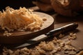 pile of delicate wooden shavings next to carving knife