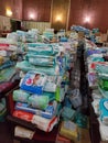 Pile of diapers and other diapers in the warehouse of the volunteer center