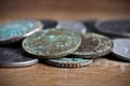 Pile of different ancient copper coins with patina Royalty Free Stock Photo