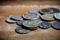 Pile of different ancient copper coins with patina Royalty Free Stock Photo