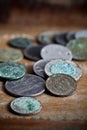 Pile of different ancient copper coins Royalty Free Stock Photo