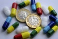 Pile of different colouful pills placed around two british pound coins. Illustrative for cost of medical bills, treatment, health