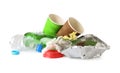Pile of different garbage on white background.