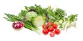 Pile of different vegetables and potherb on a light background