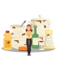 Pile of dirty dishes, angry woman cartoon character, kitchen mess vector illustration
