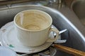 A pile of dirty dishes from a cup and white plates Royalty Free Stock Photo