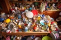 Pile of dirty dishes, house mess, kitchen clutter, unwashed plates, domestic chaos Royalty Free Stock Photo