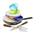 Pile of Dirty Dishes and Utensils with Plates and Cups Vector Illustration Royalty Free Stock Photo