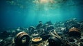 Pile of dirty garbage car tires and waste trash under sea. Generative AI. Royalty Free Stock Photo