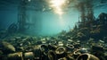 Pile of dirty garbage car tires and waste trash under sea. Generative AI. Royalty Free Stock Photo