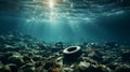 Pile of dirty garbage car tires and waste trash under sea. Generative AI. Royalty Free Stock Photo