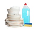 Pile of dirty kitchenware, dish detergent Royalty Free Stock Photo