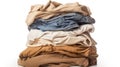 Pile of dirty laundry isolated on white created with Generative AI. Big stack of clothes.