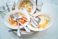 Pile of dirty oily plates, glass, fork spoons after meal