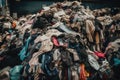 a pile of discarded fast-fashion garments, with a mix of fabrics and styles