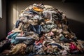 a pile of discarded fast-fashion garments, with a mix of fabrics and styles
