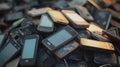 Pile discarded mobile phones are different sizes, broken old mobile phones, recycling old phones, outdated technology, generative Royalty Free Stock Photo
