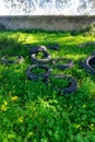 Pile of discarded tires in the field, polluting the environment.