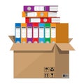 Pile of documents file folders and cardboard box Royalty Free Stock Photo