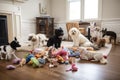 pile of dog toys in living room, with many dogs playing and running around