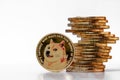 A pile of Dogecoin that has a gold color that is currently popular and has an increasing value compared to the US Dollar.