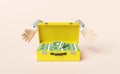 Pile dollar banknote in yellow suitcase with cartoon character businessman hands isolated on cream color background,investment or