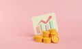 pile of dollar gold coins and growing graph bar on pink background minimalist style. Royalty Free Stock Photo