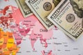 Pile of dollars near USA on world map, money, dollar and world map view from above. Text field, Copy space Royalty Free Stock Photo