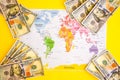 Pile of dollars near USA on world map, money, dollar and world map view from above. Text field, Copy space Royalty Free Stock Photo