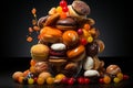 a pile of donuts and candy on a table