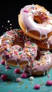 A pile of donuts with sprinkles on a blue plate