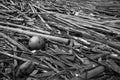 Pile of dried bamboo, coconut, and rope after flood. Grey picture of old wood. decadent wood. worthless and useless concept.