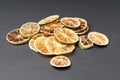 A pile of dried citrus slices. Lemon and lime. Against a dark background.