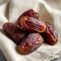 Pile of dried dates on beige fabric cloth. Royalty Free Stock Photo